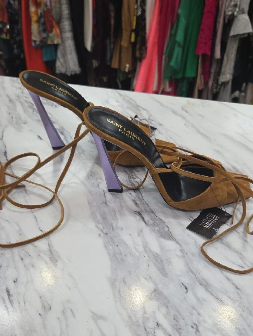 Saint Laurent Tan Suede Lace-Up Sandal with Lilac Block Heel - Picture 4 of 9